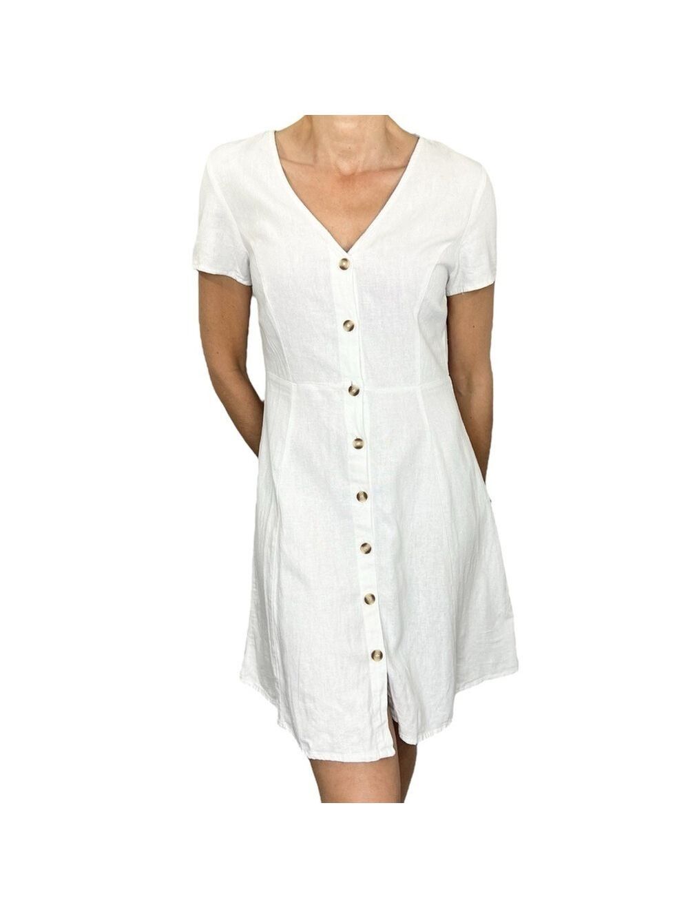 Minimalist coastal white linen cotton style short sleeve button front mini dress